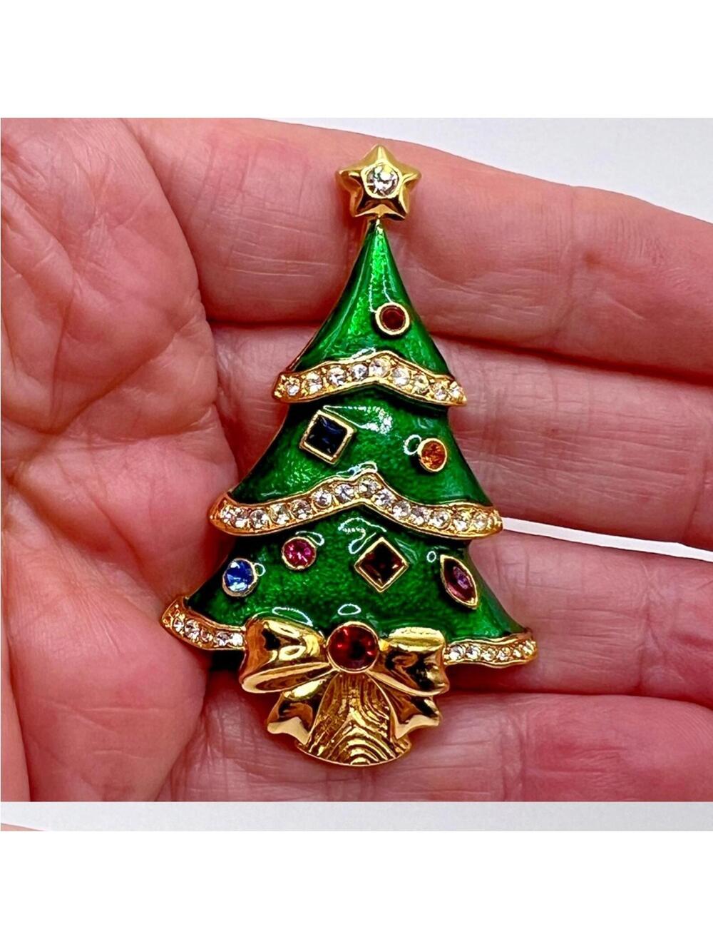 Franklin Mint Green and Gold Christmas Tree Brooch